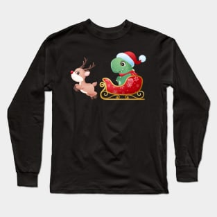 Cute Christmas Dinosaur Riding Sleigh Long Sleeve T-Shirt